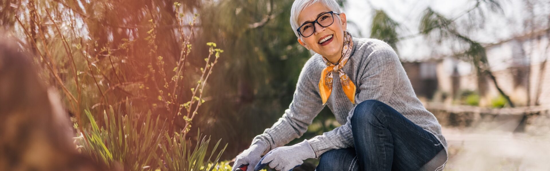Cheerful retired woman prune shrubs and pulling the weeds in the garden.