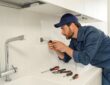 Professional handyman in uniform is fixing the electricity power socket on home kitchen