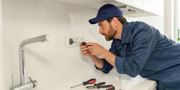 Professional handyman in uniform is fixing the electricity power socket on home kitchen
