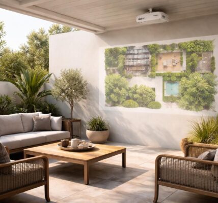 découvrez comment aménager votre terrasse grâce à un plan d’aménagement extérieur projeté via un vidéoprojecteur acer pour une planification précise et visuelle.