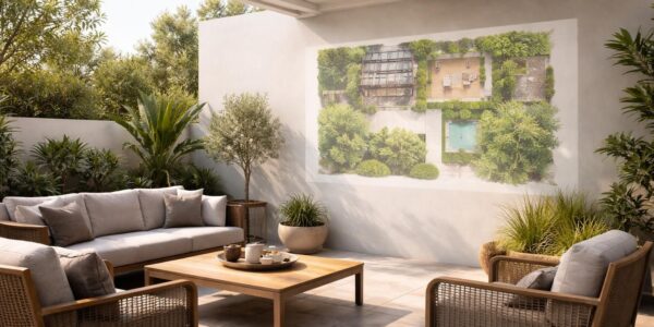 découvrez comment aménager votre terrasse grâce à un plan d’aménagement extérieur projeté via un vidéoprojecteur acer pour une planification précise et visuelle.