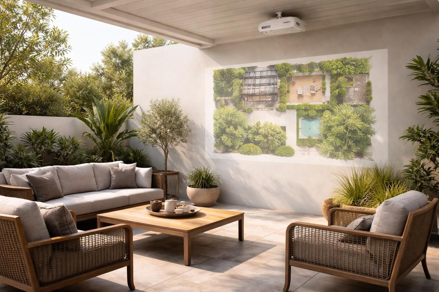 découvrez comment aménager votre terrasse grâce à un plan d’aménagement extérieur projeté via un vidéoprojecteur acer pour une planification précise et visuelle.