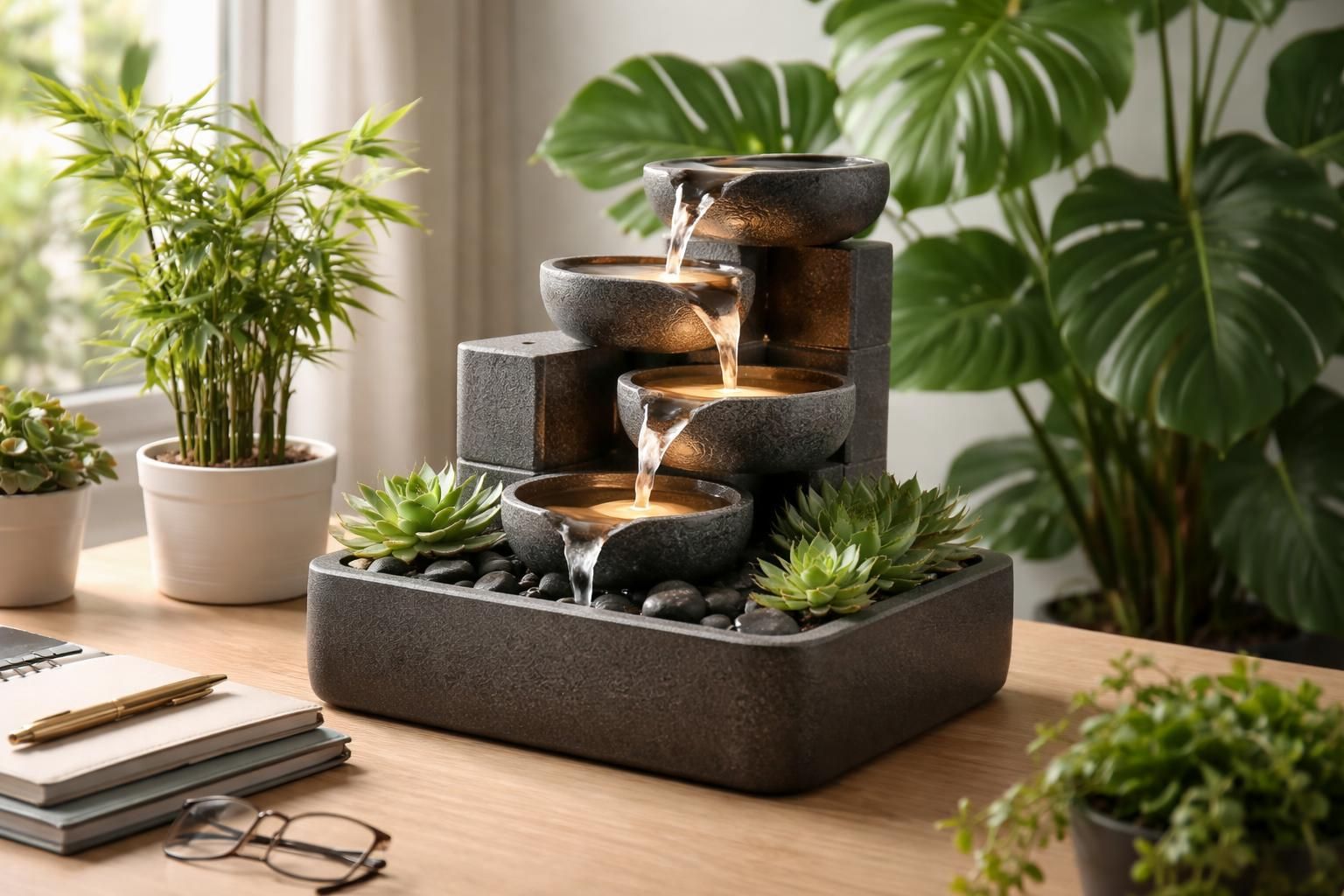 apportez une ambiance zen et apaisante à votre bureau avec notre fontaine d'intérieur combinée à une plante. idéale pour favoriser la concentration et réduire le stress.