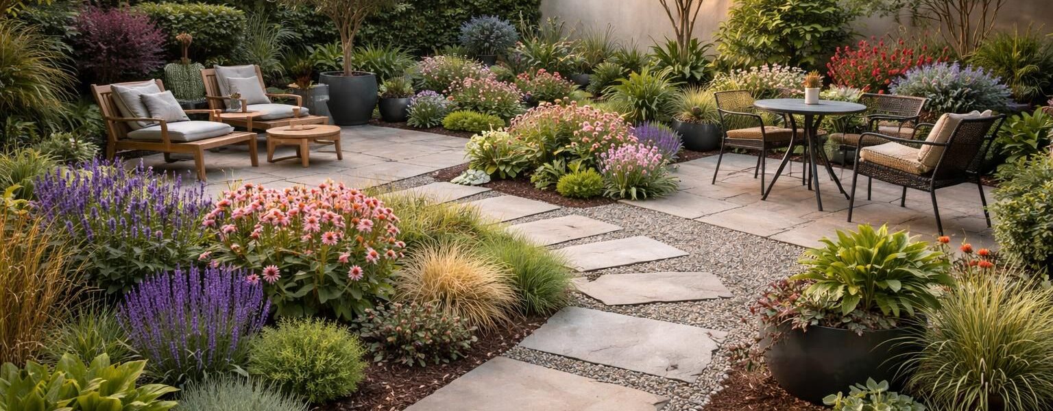 découvrez comment transformer votre espace extérieur avec une photo inspirante d'un jardin sans pelouse, pour un aménagement moderne et facile à entretenir.