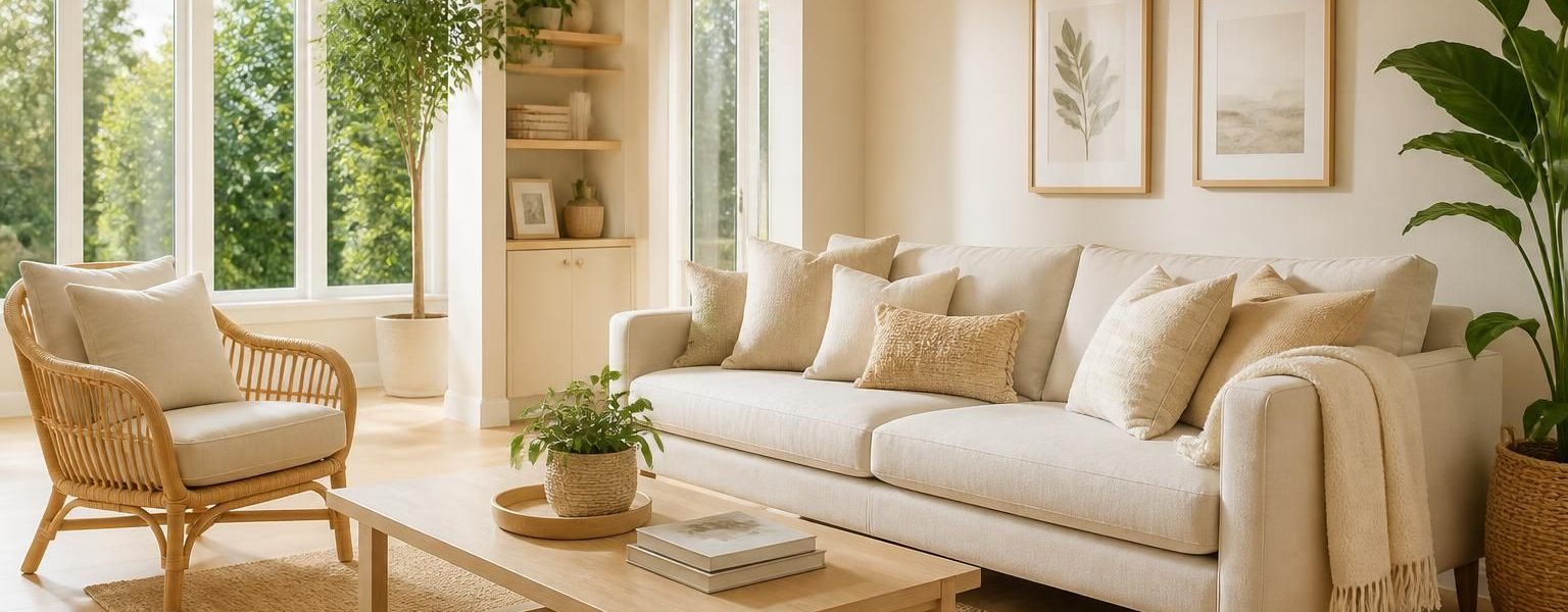 découvrez nos conseils pour harmoniser vos meubles avec la couleur de la peinture afin de créer un salon lumineux et chaleureux aux tons beige.