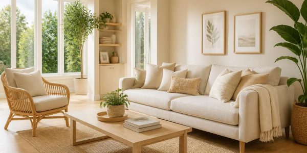 découvrez nos conseils pour harmoniser vos meubles avec la couleur de la peinture afin de créer un salon lumineux et chaleureux aux tons beige.