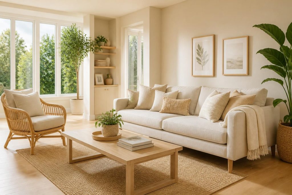 découvrez nos conseils pour harmoniser vos meubles avec la couleur de la peinture afin de créer un salon lumineux et chaleureux aux tons beige.
