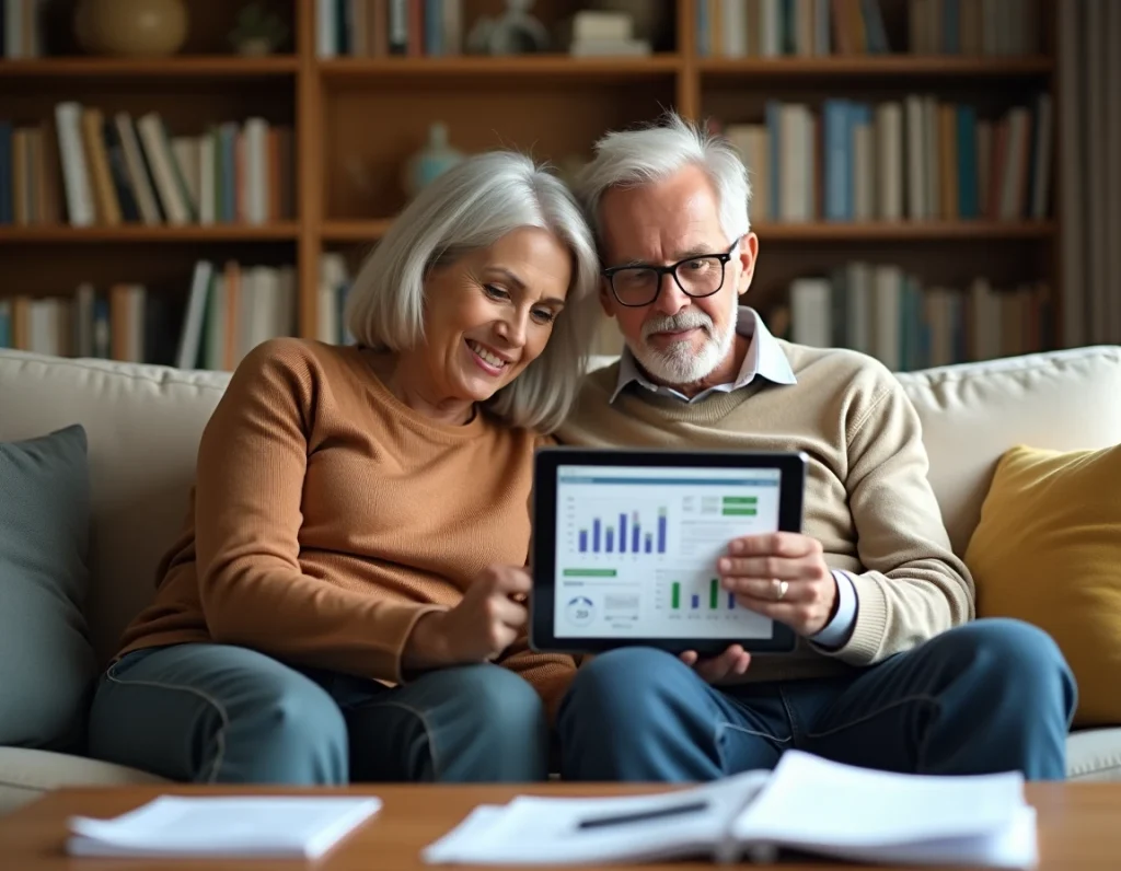 Couple de quinquagénaires consultant ensemble un calculateur de consommation électrique en euros sur une tablette dans leur salon