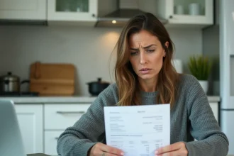 Femme inquiète consultant sa facture d'électricité et un calculateur de consommation en euros sur un ordinateur portable dans sa cuisine