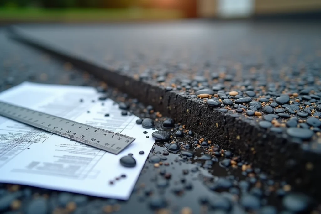 Gros plan sur la texture d'un enrobé drainant avec agrégats poreux et fiche technique pour estimation du prix au m2