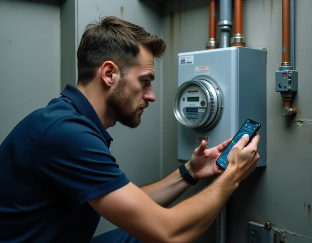 Homme vérifiant son compteur électrique et une application de suivi de consommation en temps réel sur smartphone dans un local technique