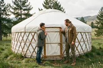 Couple examinant l'extérieur d'une yourte traditionnelle en feutre blanc installée dans une prairie verdoyante entourée de sapins