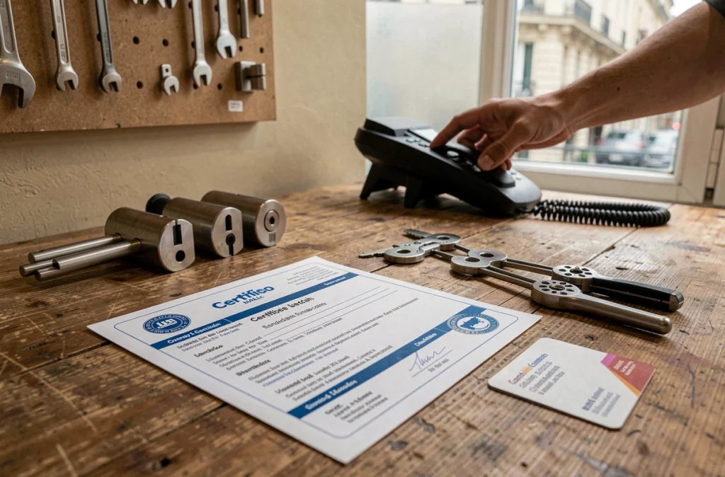 Badge d'agrément et accréditation assurance d'un serrurier parisien posés sur un bureau avec ses outils professionnels