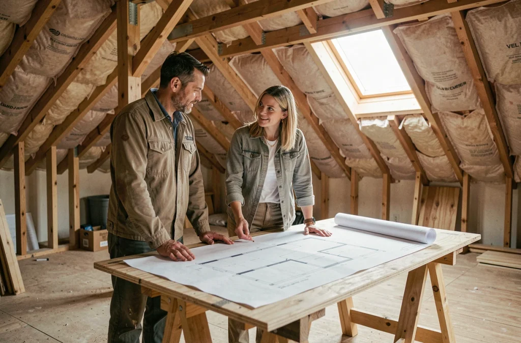 Aménagement de combles en cours avec architecte et propriétaires examinant les plans dans un grenier rénové