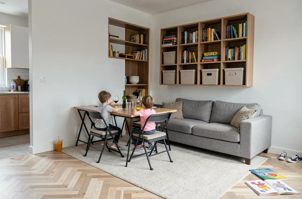 Appartement familial avec coin repas et salon intégrés, rangements intelligents et ambiance chaleureuse du quotidien