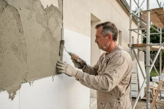 Applicateur de crépi appliquant un enduit extérieur sur panneau de polystyrène sur une façade en chantier
