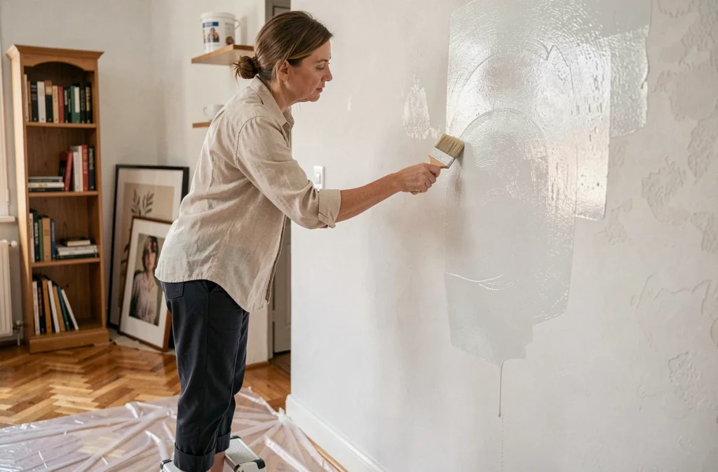 Femme appliquant un produit anti-humidité sur le mur du salon pour prévenir les traces