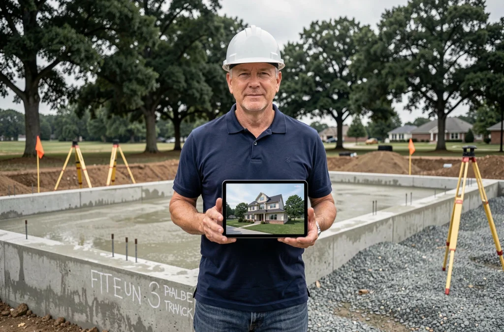 Architecte ou chef de chantier devant les fondations d'une maison neuve en cours de construction
