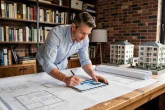 Architecte consultant le site E-pro-batiment.fr sur tablette pour un projet d'extension résidentielle