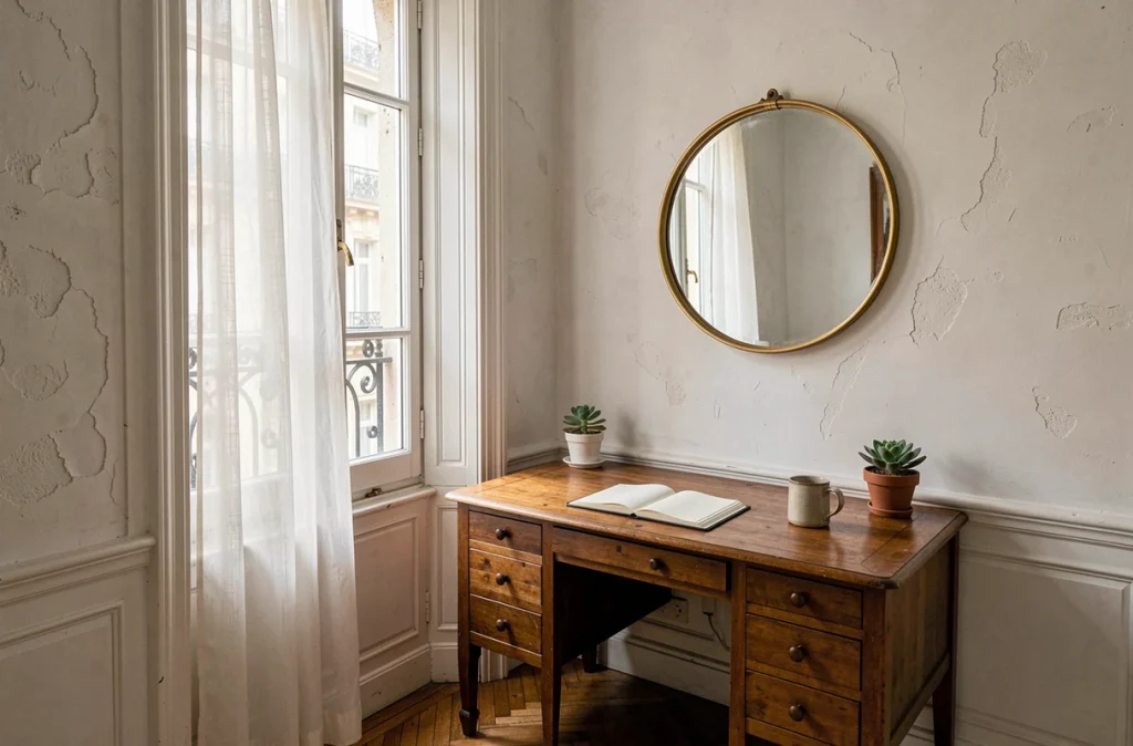 Bureau à domicile dans appartement haussmannien avec miroir et voilage optimisant la lumière naturelle