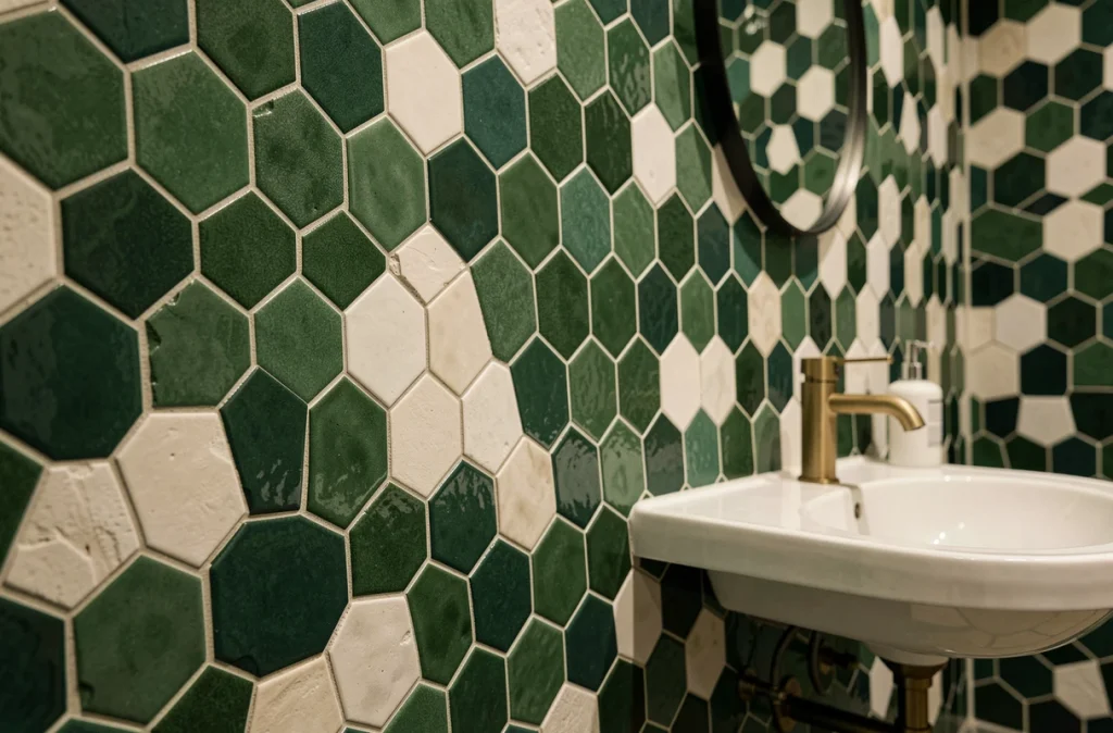 Carrelage mural hexagonal zellige vert forêt et blanc cassé dans une salle de bain urbaine avec robinetterie laiton brossé