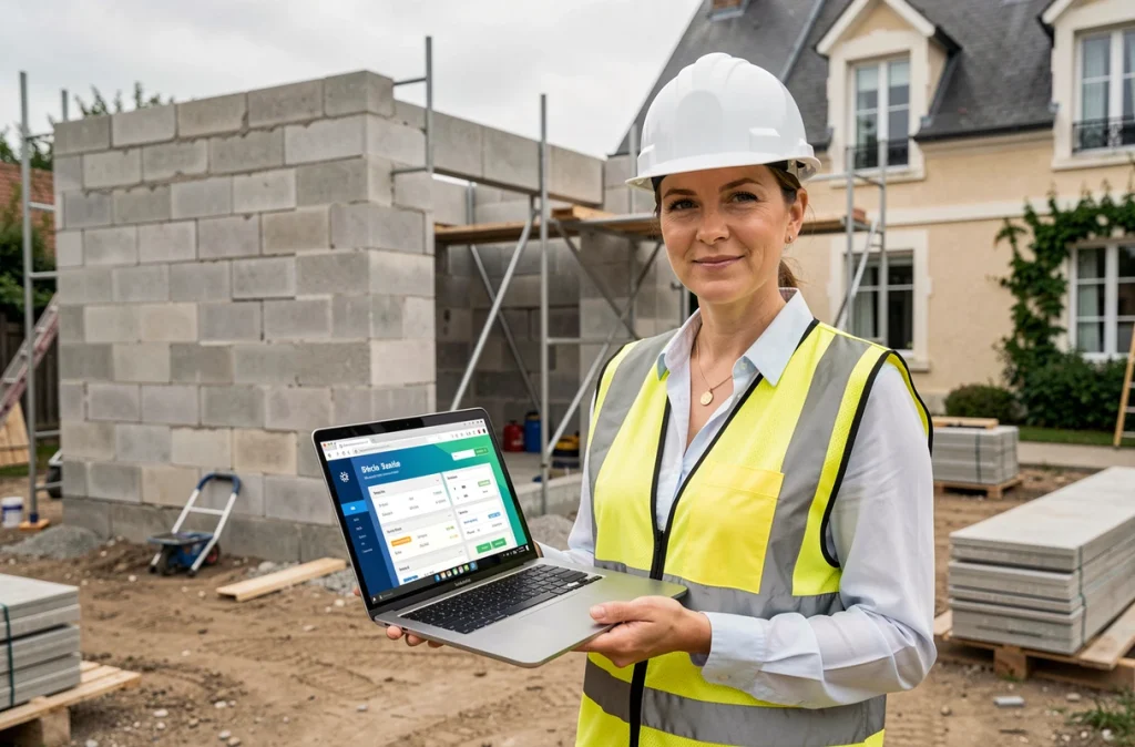 Cheffe de projet sur chantier d'extension de maison consultant une plateforme de devis en ligne