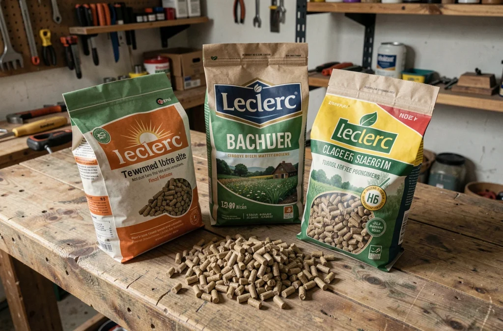 Comparaison visuelle de pellets bois de différentes marques dont Leclerc sur un établi de garage