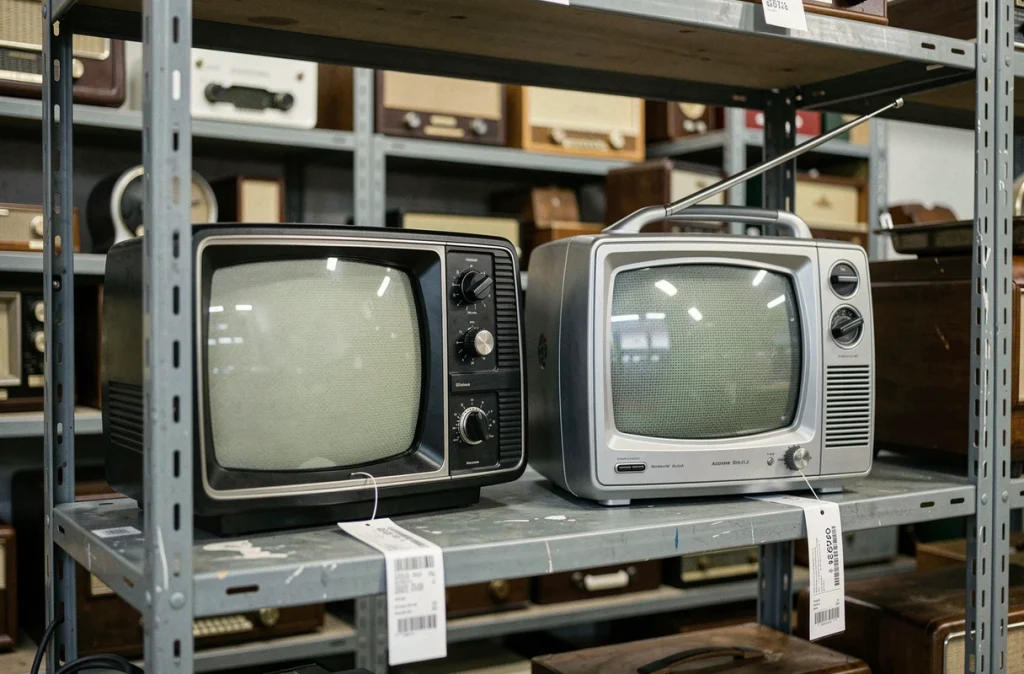 Deux téléviseurs vintage côte à côte dans une boutique d'antiquités, modèle Bakélite années 50 et téléviseur portable années 80