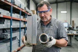 Métallurgiste comparant un tube aluminium rectangulaire et un tube rond dans un atelier de fabrication professionnelle