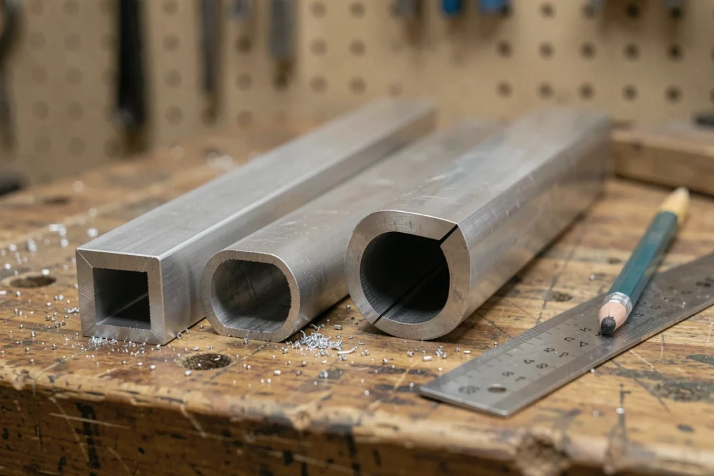 Gros plan sur des coupes transversales de tubes aluminium rectangulaires et ronds posés sur un établi avec règle et métal copeaux