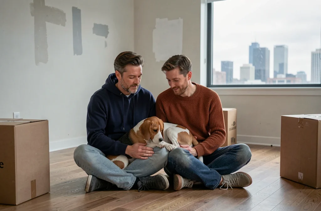 Couple assis par terre dans un appartement vide avec leur beagle lors d'un déménagement, entourés de cartons