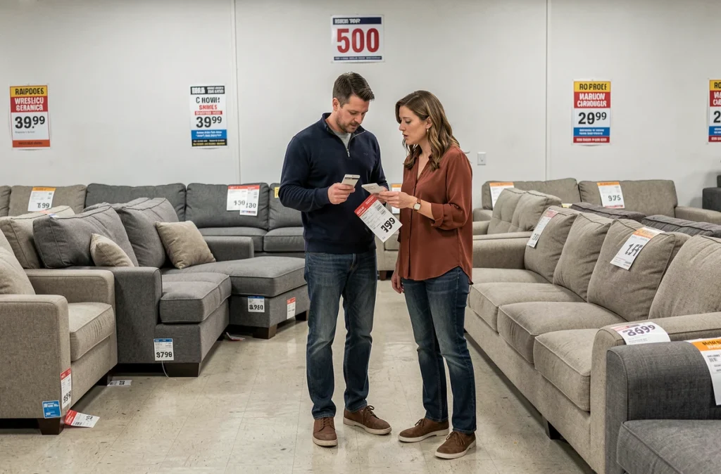 Couple comparant des prix de canapés soldés dans un magasin de déstockage de meubles à Bordeaux