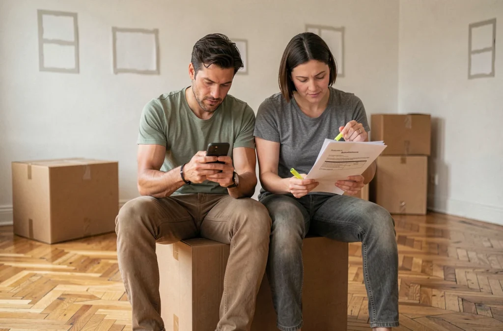 Couple gérant les démarches administratives entouré de cartons dans un appartement vide avant déménagement