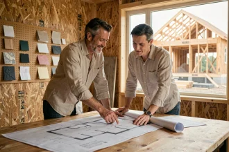 Couple examinant des plans de construction avec un constructeur de maisons individuelles dans un bureau de chantier