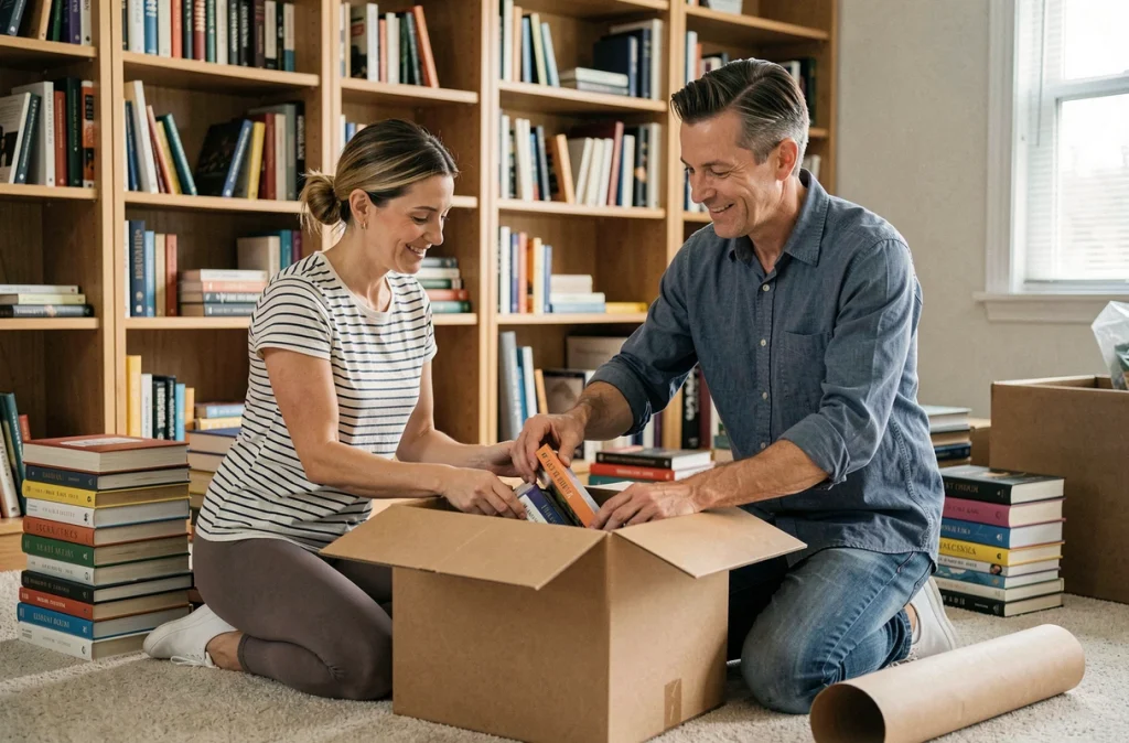Couple triant et rangeant des livres dans des cartons dans un bureau lors de la préparation d'un déménagement