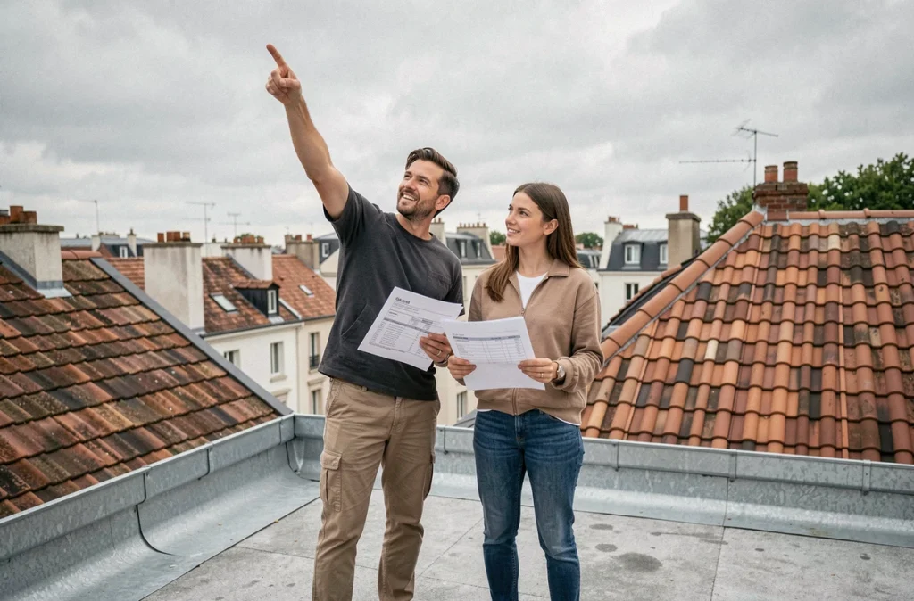 Couple sur le toit d'une maison examinant des devis pour un projet de surélévation