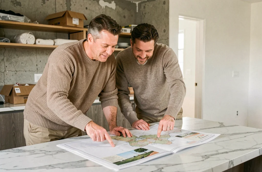Couple examinant un tooplan sur un comptoir de cuisine pendant la rénovation de leur appartement pour optimiser l'espace