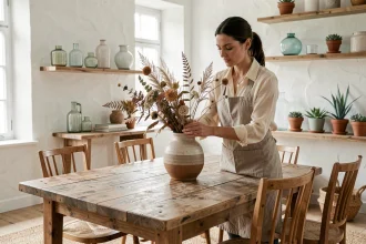 Femme arrangeant une décoration éco-responsable avec des branches séchées et une vase en céramique artisanale sur une table en bois recyclé