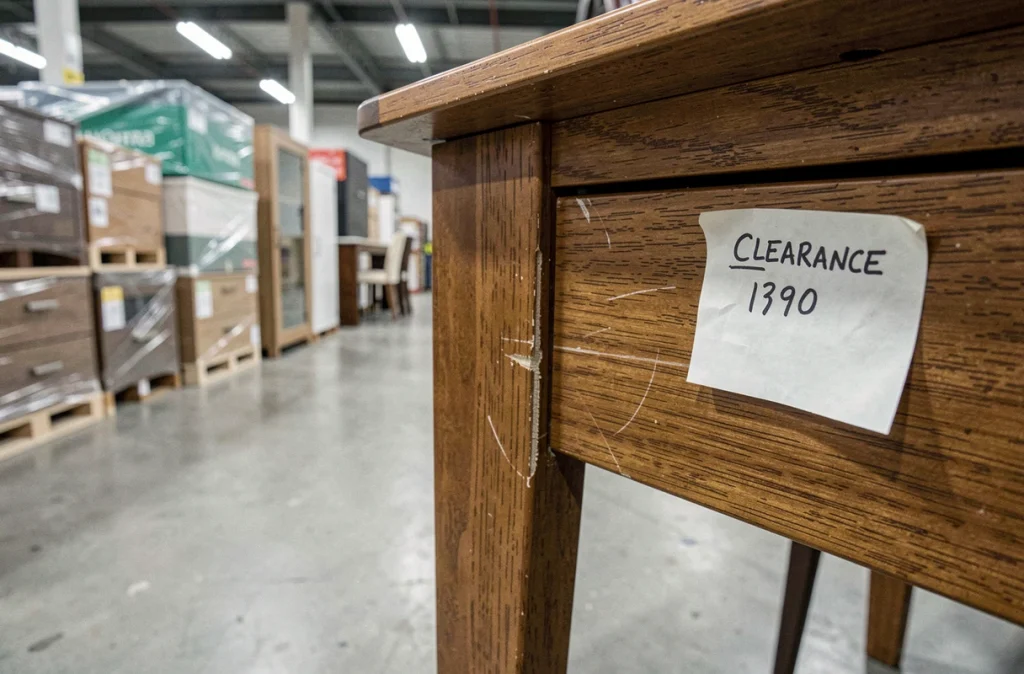 Détail d'un meuble en déstockage à Bordeaux révélant des défauts de qualité et une étiquette de prix soldé