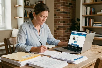 Femme consultant des documents administratifs pour un déménagement à son bureau à domicile