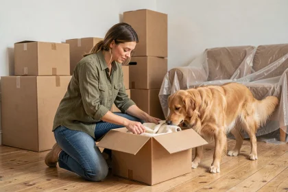 Femme qui prépare un carton de déménagement avec son chien golden retriever à ses côtés dans un appartement en cours de déménagement