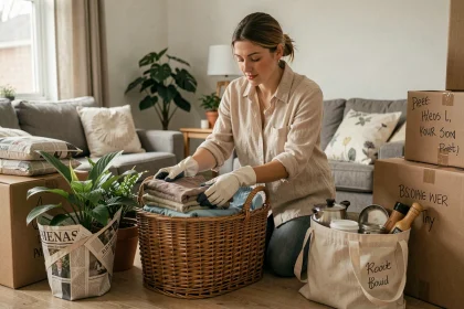 Femme préparant ses affaires dans des paniers en osier et sacs réutilisables pour un déménagement écoresponsable