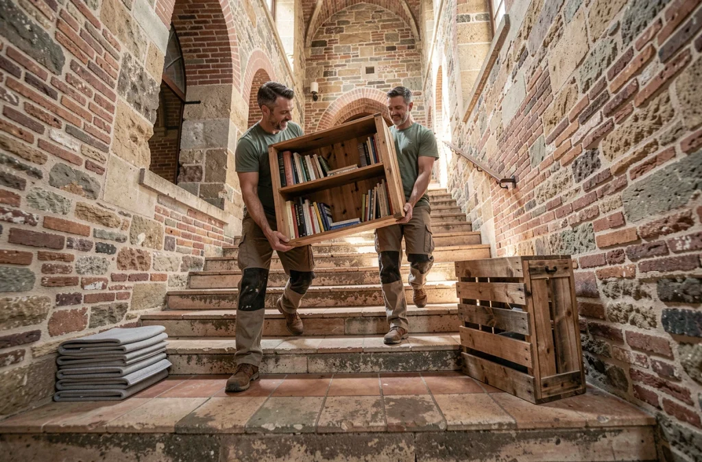 Deux déménageurs transportant une étagère en bois dans un escalier en pierre lors d'un déménagement durable