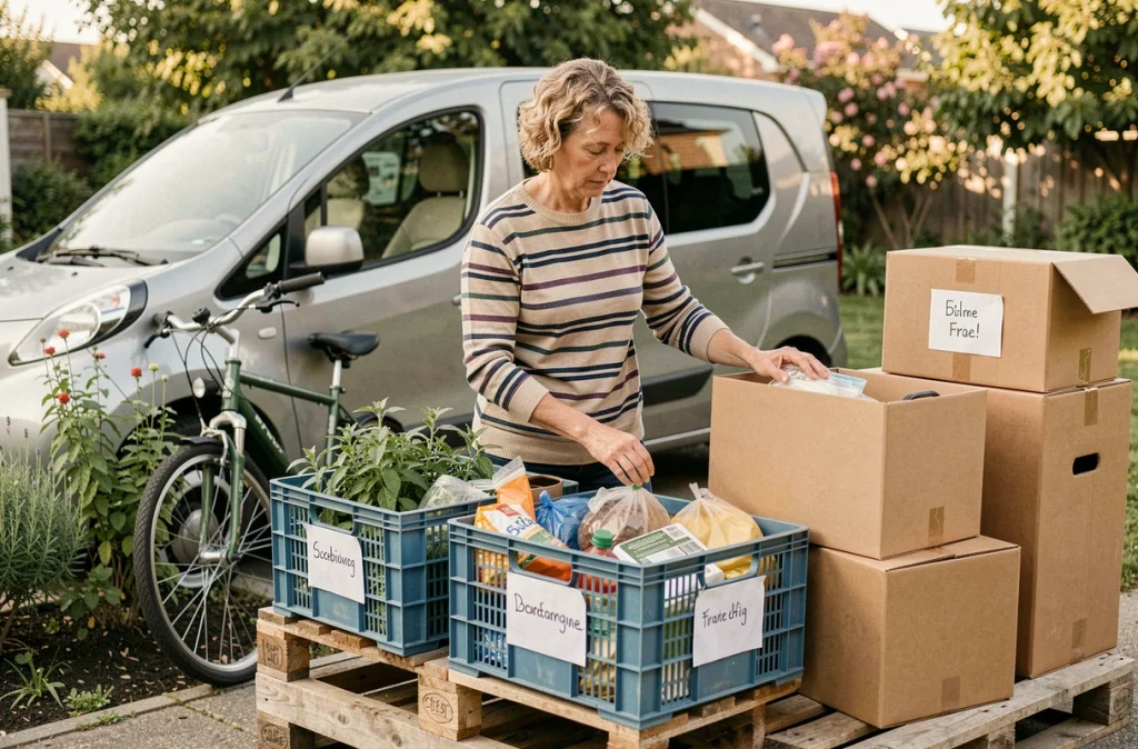 Femme organisant des cartons biodégradables et caisses réutilisables devant un camion électrique pour un déménagement vert