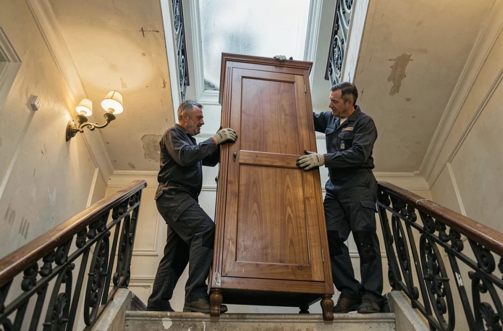 Déménageurs portant une armoire en bois dans un escalier haussmannien lors d'une livraison de meubles