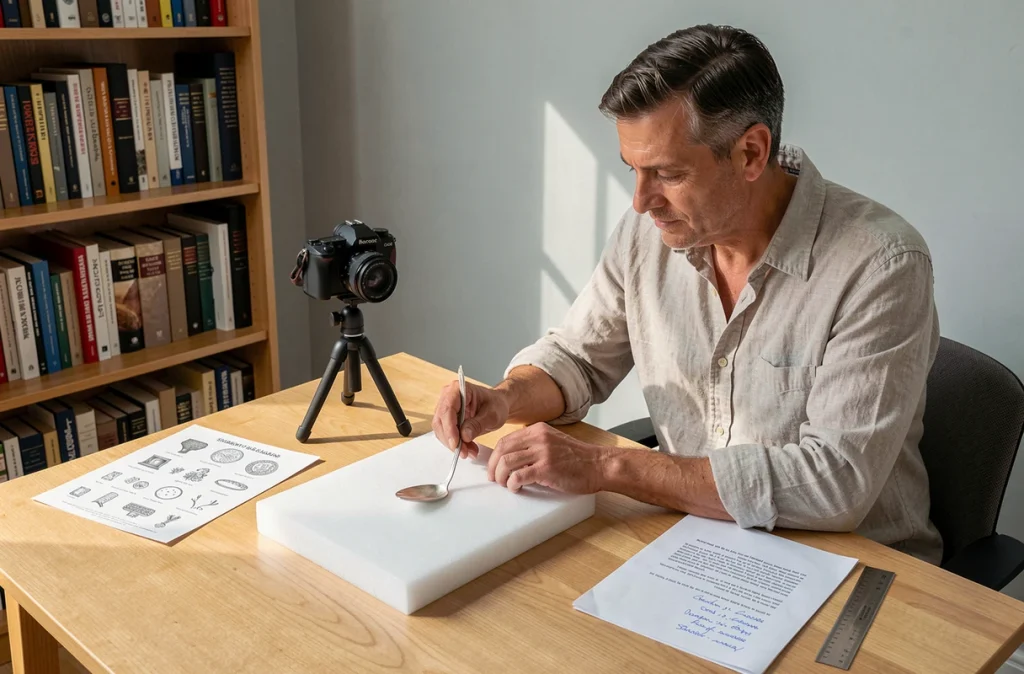 Homme photographiant un couvert en argent ancien avec poinçon pour documentation familiale, guide de poinçons et carnet de notes sur le bureau