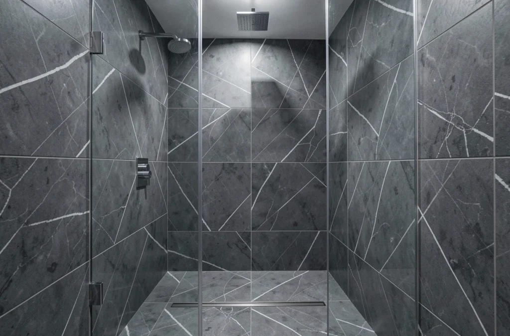 Douche à l'italienne avec carrelage mural grand format effet marbre anthracite et paroi en verre sans cadre dans une salle de bain haut de gamme