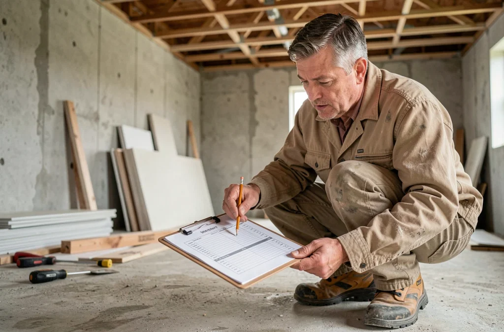 Entrepreneur en veste de travail examinant un devis de chantier sur un presse-papiers dans un intérieur en cours de rénovation