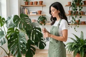Femme entretenant une plante monstera en intérieur en vaporisant ses feuilles dans un salon scandinave décoré de plantes vertes