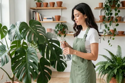 Femme entretenant une plante monstera en intérieur en vaporisant ses feuilles dans un salon scandinave décoré de plantes vertes